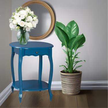 Imagem de Mesa De Apoio Oval Clássica Decorativa De Madeira Com Pés Luiz Xv - Azul Bic Laca