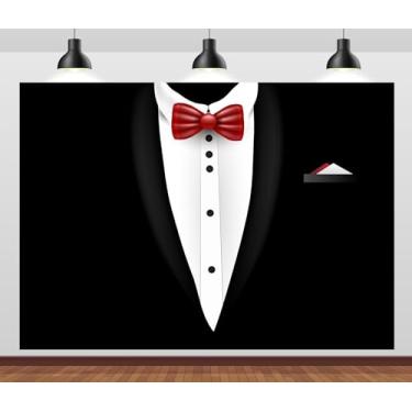 Imagem de CORFOTO Pano de fundo de smoking de tecido de 2,1 x 1,5 m para homens, smoking preto, vermelho, gravata borboleta para cavalheiros, cenários de aniversário, smoking, decoração de festa de smoking para