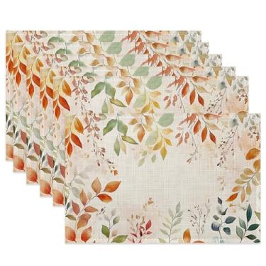 Imagem de Jogo americano de tecido com folhas de outono, conjunto de 6 tapetes de pano, laváveis e resistentes ao calor, para decoração de casa, cozinha, sala de jantar, 29 x 44 cm