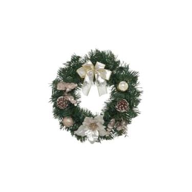 Imagem de Guirlanda Natalina de Porta, 25cm Diâmetro, Verde, Decoração com Laço, Tambor, Cereja e Bolas de Natal, Arame e Plástico