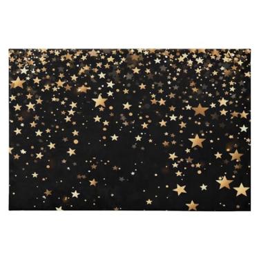 Imagem de Wassud Estrelas douradas no tapete de porta preto 61 x 89 cm, tapete de área lavável antiderrapante com suporte de borracha, tapete macio e macio para sala de estar, quarto, entrada, entrada