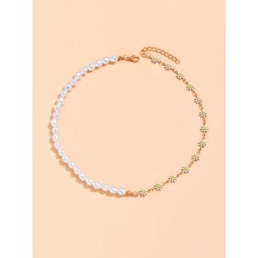 Imagem de Colar feminino assimétrico de pérolas falsas com margarida – gargantilha meio a meio – colar distinto e fresco – presente moderno e simples, One Size, Metal Plástico, Sem Pedra Preciosa