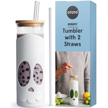 Imagem de OTOTO Novo copo de vidro bonesy com canudo e tampa - copos de garrafa de água de vidro fofos de 500 ml, acessórios góticos, presentes assustadores, presentes de Halloween, copo de vidro de caveira com