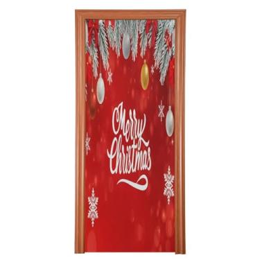 Imagem de Qilmy Decoração de capa de porta de feliz Natal 81 x 200 cm tecido grande para decoração de festas de fim de ano placa para porta da frente varanda decoração externa janela parede 792