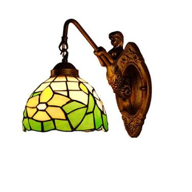 Imagem de Arandela de parede estilo Tiffany pastoral verde de 15 cm com vitral floral amarelo feito à mão, ideal para quarto, sala de estar, corredor e varanda, soquete E27,B.