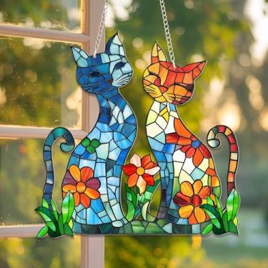 Imagem de Apanhador solar estilo vitral para dois gatos - 15,2 cm para pendurar na janela de acrílico - Decoração colorida para casa ou jardim - Ornamento plano 2D para amantes de gatos e donos de animais de