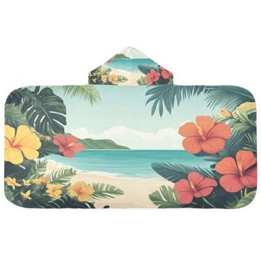 Imagem de Burbuja Toalha de banho com capuz com flores de praia exóticas para crianças, toalha de praia de pelúcia macia absorvente para meninas e meninos 3-10 anos, 61 x 127 cm