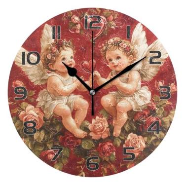 Imagem de Burbuja Relógio de parede Cupids Roses silencioso sem tique-taque, relógio de parede redondo de 25 cm operado por bateria para casa, sala de estar, casa de fazenda, decoração de escritório