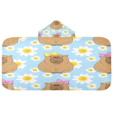 Imagem de CEBUGI Toalha de banho com capuz de capivaras de desenho animado para crianças toalha de banho macia absorvente com capuz 127 x 59,7 cm toalha de banho de praia para meninos e meninas