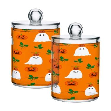 Imagem de STAYTOP 4 frascos de boticário Qtip para banheiro com etiquetas – Recipiente de armazenamento Qtip de plástico transparente para bola de algodão, cotonete, grão de café, fantasmas e abóboras de