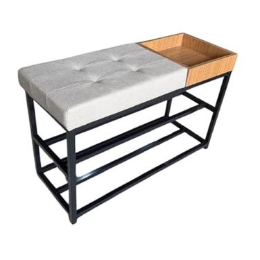 Imagem de Sapateira Com Banco Macio 90cm Estilo Industrial Com Porta Objetos 10 Pares sapateira hall de entrada para Entrada, Quarto ou Varanda(Estrutura Preta/Assento Linho)