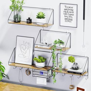 Imagem de Prateleira de parede de madeira de metal com ganchos, rack de armazenamento montado na parede seca, organizador de exibição flutuante para cozinha, banheiro, entrada, escritório em casa, prateleira de