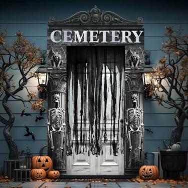 Imagem de Mindsoft Kit de decoração de 4 peças de capa de porta de arco de cemitério de Halloween - capa de gaze assustadora de cemitério grande para decoração de festa de casa assombrada ou decoração de carro