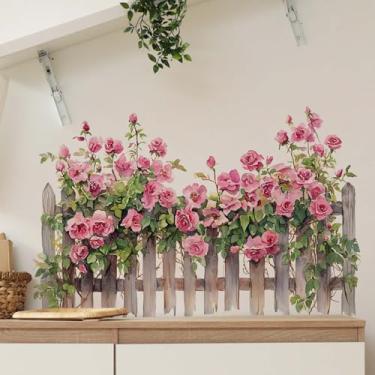 Imagem de FUFUQUARE Rosas cor-de-rosa e cerca de madeira adesivos de parede removíveis design de flores românticas decoração de parede adesivos autoadesivos arte para dia dos namorados quarto meninas quartos