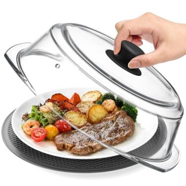 Imagem de 2 em 1, capa alta de vidro para micro-ondas para alimentos e microondas, tampa de proteção contra respingos de prato com puxador de silicone, capa de prato de servir utensílios de cozinha e assadeira