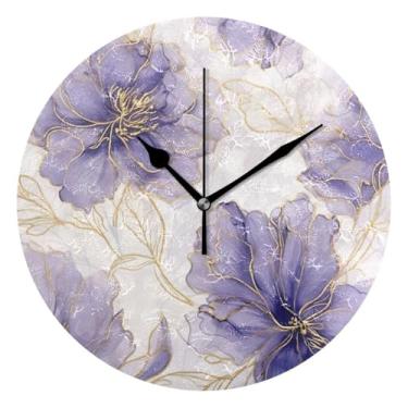 Imagem de BOESI Relógio de parede com flores roxas e douradas, relógio de parede redondo silencioso, 25 cm, decoração de casa, para sala de estar, cozinha, quarto