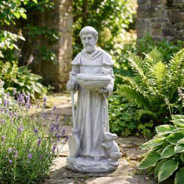 Imagem de JXNCJXZG Estátuas de decoração de jardim de São Francisco 71 cm São Francisco de Assis católico cristão gramado pátio esculturas ao ar livre óxido de magnésio decoração de arte em pedra, cinza escuro