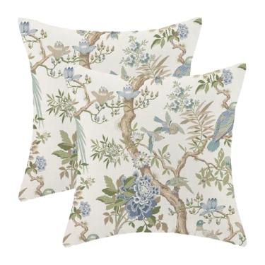 Imagem de QANOK Chinoiserie Capas de travesseiro 45,7 x 45,7 cm, conjunto de 2, flores de fazenda, pássaro, floral, verde, azul, decoração de casa para sofá, ar livre, quarto