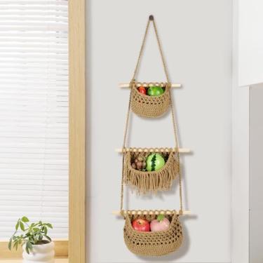 Imagem de Cesta de frutas de algodão pendurada em 3 camadas para cozinha e banheiro, macramê, decoração boho, organizador sobre a porta
