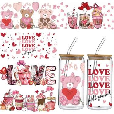 Imagem de Envelopes de copo UV DTF para Dia dos Namorados - 5 peças com balão de coração de urso fofo UV DTF adesivo para copo de 590 ml, adesivo de transferência XOXO Love Rose Drink Red Rub on Transfer DIY