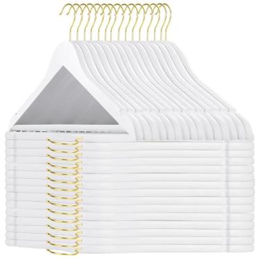 Imagem de TOPIA HANGER Cabides de madeira pacote com 30, cabide de madeira branca com gancho de ouro giratório de 360°, barra de calças antiderrapantes e entalhes de ombro para camisola, jaqueta, calças,