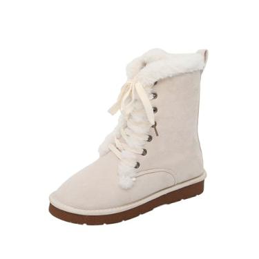 Imagem de Botas de neve femininas de inverno forradas com lã quente e bico redondo frontal com cadarço e sola grossa, Bege, 39
