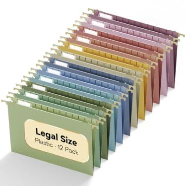 Imagem de NORDUN Pastas de arquivo suspensas de plástico tamanho legal, capacidade extra, pacote com 12 pastas suspensas para armário de arquivo, pasta organizadora de pendurar resistente expansível pastel com