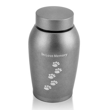 Imagem de Rosvola Urnas para cães, urna memorial de animais de estimação para cães, suporte de cinzas memorial de aço inoxidável, caixa de cremação de cães de gato com estampa de pegada fofa para casa (cinza, P