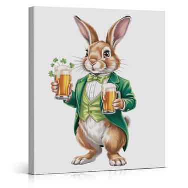 Imagem de Coelho Dia de São Patrício Impressão de arte de parede Irish Cheerful Rabbit Pintura em tela verde decoração de parede para casa sala de estar cozinha bar 20 x 25 centímetros emoldurado