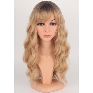 Imagem de Perucas de comprimento médio loiro ondulado feminino cabelo sintético peruca loira com franja para uso diário (loira)