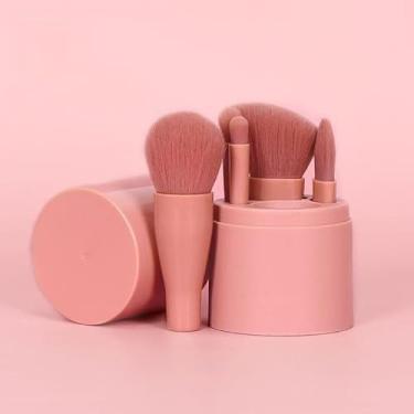 Imagem de Conjunto de 5 pincéis portáteis de maquiagem rosa pêssego com estojo de armazenamento redondo, kit completo de pincéis cosméticos para base em pó contorno e sombra