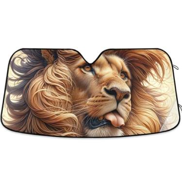Imagem de Guarda-sol engraçado leão fofo animal para pára-brisa de carro engraçado dobrável persianas de janela de carro para-brisa frontal floral animal retrátil S, 134,6 cm x 59,7 cm