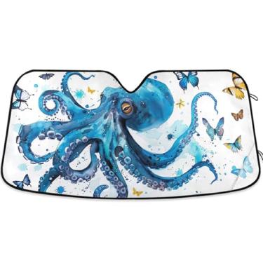 Imagem de Guarda-sol azul polvo animal carro pára-brisa para-sol engraçado universal retrátil caminhão automotivo para-brisas proteção M, 139.7 cm x 70.1 cm