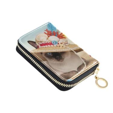 Imagem de Carteira feminina Siamese Cat Beach Sea Shells pequena, 9 compartimentos para cartões de crédito e 2 compartimentos para dinheiro, couro, zíper para cartão e porta-dinheiro