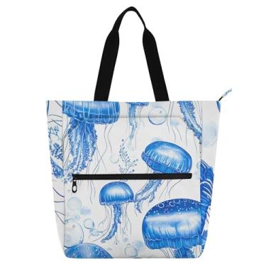 Imagem de GAIGEO Lindas bolsas de trabalho azuis com água-viva para mulheres, bolsas de lona, bolsas de lona para faculdade, escola, mensageiro, para amantes de livros