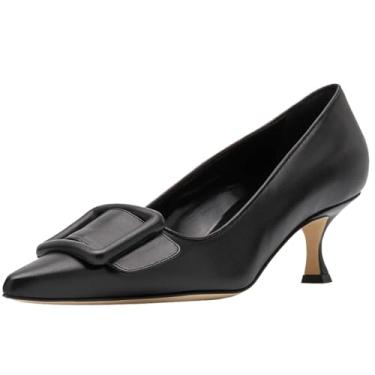 Imagem de Divanne Sapato feminino de camurça, salto gatinho, fivela, bico fino, salto baixo, sapato social, Preto PU, 9.5