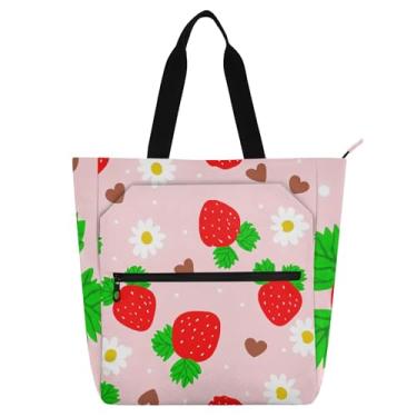 Imagem de GAIGEO Lindas bolsas femininas vermelhas morangos rosa para trabalho lona praia livro bolsa zíper carteiro bolsas amantes de livros