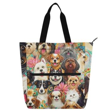 Imagem de Bolsa feminina com flores coloridas para cães fofos, bolsa de trabalho de lona, praia, livro com zíper, bolsa de mão para crianças, presente para amantes de livros