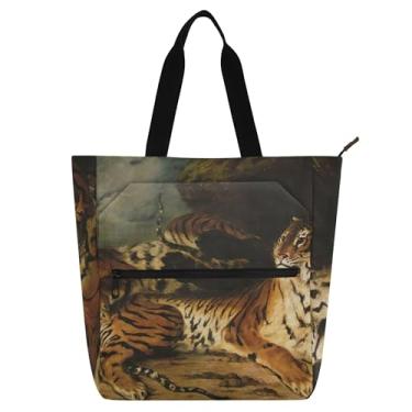 Imagem de GAIGEO Bolsa feminina de pintura de filhote de tigre Eugène Delacroix Bolsa de trabalho de lona escolar bolsa de livro feminina infantil presente para amantes de livros