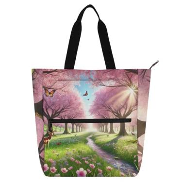 Imagem de GAIGEO Sacolas femininas de flores de cerejeira para trabalho, lona, faculdade, escola, bolsas para uso diário, com compartimentos