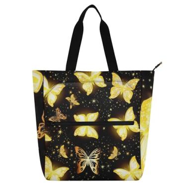 Imagem de Golden Butterflies Bolsa feminina preta para trabalho, lona, escola, bolsa utilitária, bolsa de escritório com compartimentos