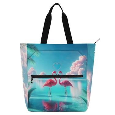 Imagem de GAIGEO Sacola feminina Love Birds Teal Pink Flamingo para trabalho, lona, praia, escola, bolsas, senhoras, crianças, amantes de livros