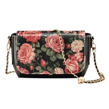 Imagem de Bolsa de ombro transversal de couro preto com flor em preto, bolsa tiracolo ajustável, bolsa de ombro média para mulheres, Rosas antigas - 4, One Size