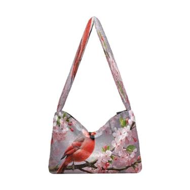 Imagem de Sunflowers are Orange Plush Underarm Bag, Bolsa de ombro com zíper, bolsa de ombro média para mulheres, Pássaro vermelho sentado em um ramo de flor-4, One Size