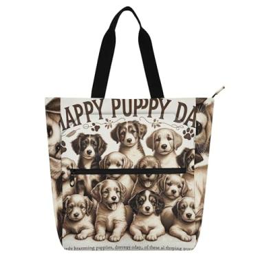 Imagem de Sacola feminina fofa para cachorrinhos felizes, bolsa de trabalho de lona, bolsas médias para escola, escola, livros, presente para amantes de livros