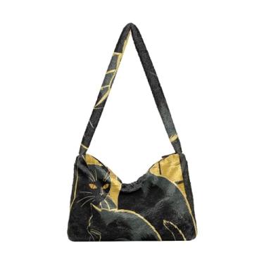 Imagem de Bolsa de ombro feminina de gato preto com desenho decorativo, sacola com fecho de zíper, bolsas de ombro femininas, Retrô Amarelo Abstrato Três Gatos, One Size