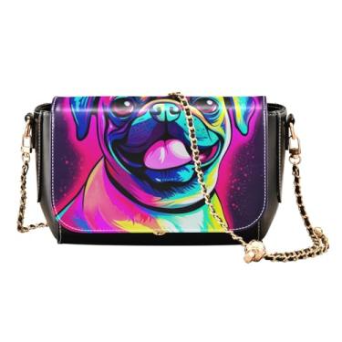 Imagem de Bolsa tiracolo feminina de couro com desenho animado de cachorro Pug com alça, bolsa transversal feminina de couro, Cão Pug gráfico em desenho animado - 4, One Size