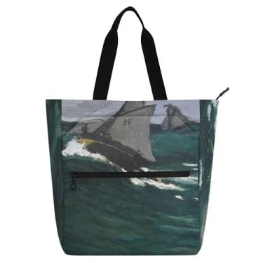 Imagem de GAIGEO Claude Monet Bolsa feminina com estampa de ondas do oceano, bolsa de trabalho, lona, praia, livros, zíper, professores, bolsas, amantes de livros