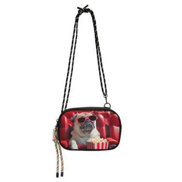 Imagem de TSENQUE Bolsa feminina transversal pequena carteira para celular com estampa fofa de cachorro pug engraçado para viagem sobre o ombro