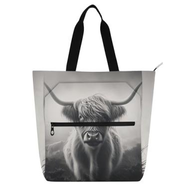 Imagem de GAIGEO Bolsa feminina monocromática Highland Cow, bolsa de trabalho, lona, praia, livro, com zíper, reutilizável, para amantes de livros